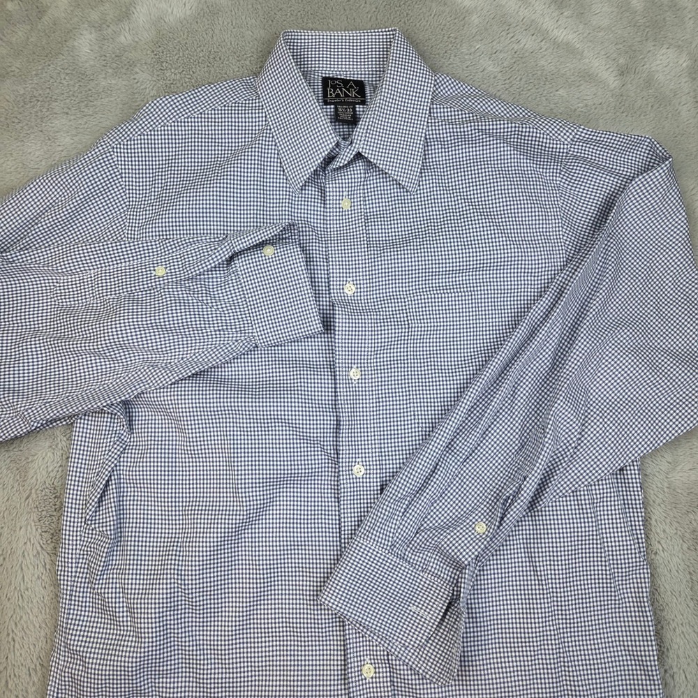 Jos. A. Bank Button Down Mens 15.5-33 Tailored Fit Gingham Traveler Medium Blue